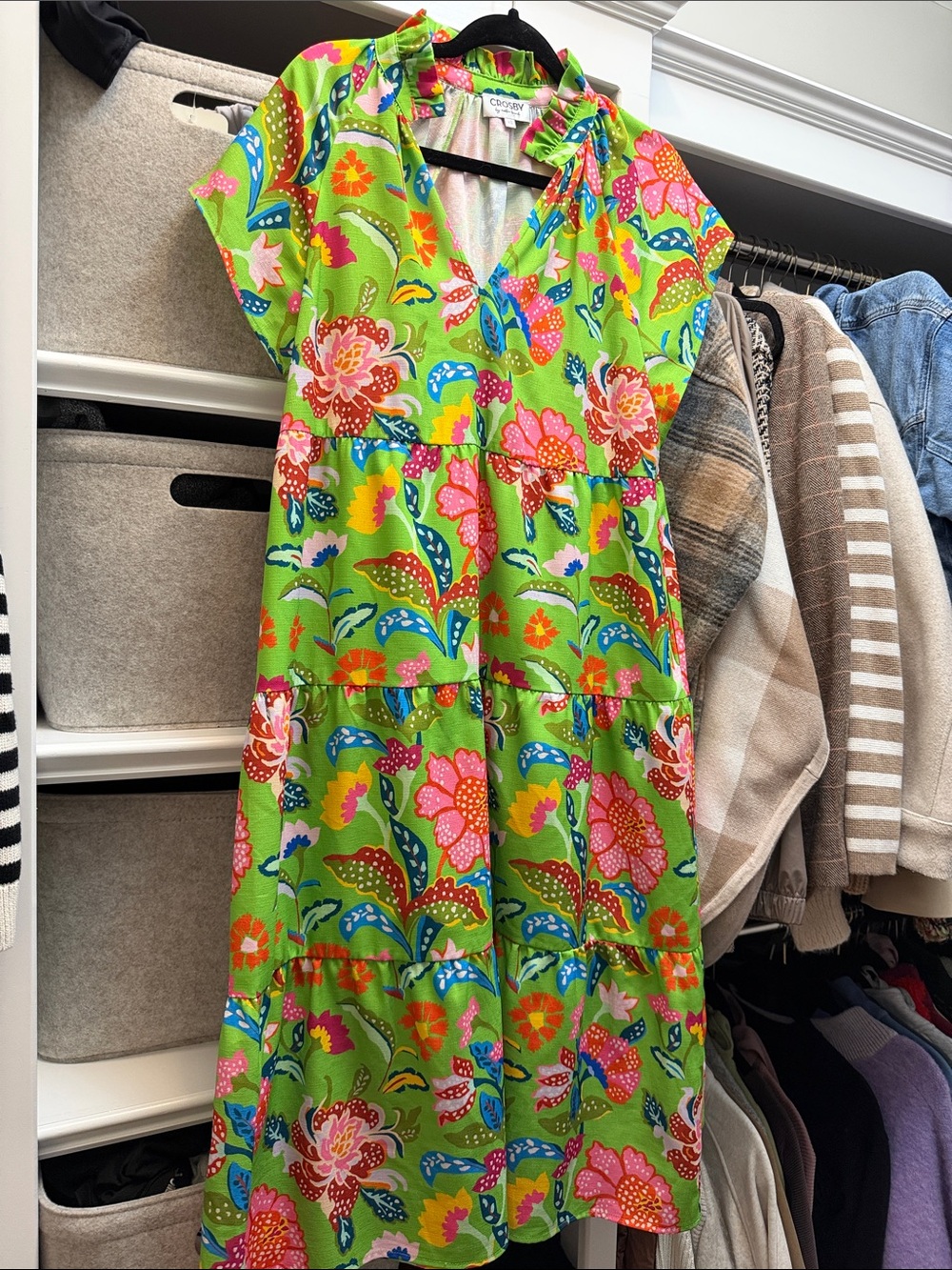 CROSBY by Mollie Burch Lime Green Floral Maxi Dress with Pink & Blue Details